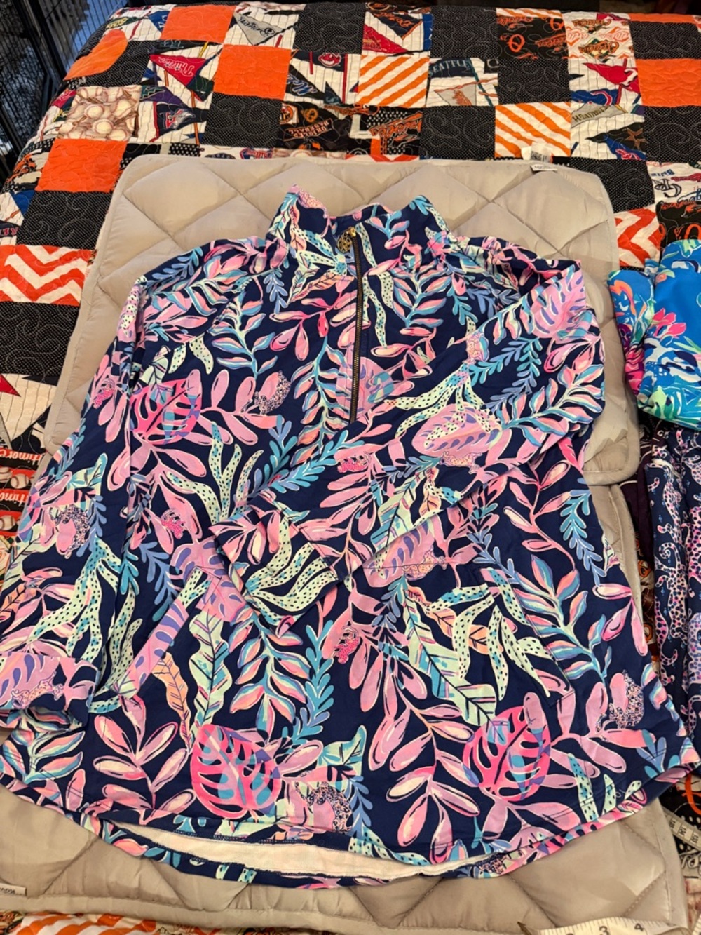 Lilly Pulitzer Navy Pullover with Pink & Teal Tropical Leaf Print